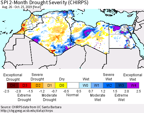 North Africa SPI 2-Month Drought Severity (CHIRPS) Thematic Map For 8/26/2019 - 10/25/2019