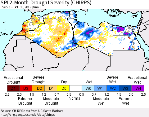 North Africa SPI 2-Month Drought Severity (CHIRPS) Thematic Map For 9/1/2019 - 10/31/2019