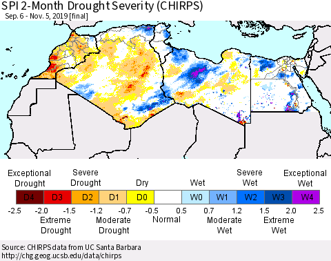 North Africa SPI 2-Month Drought Severity (CHIRPS) Thematic Map For 9/6/2019 - 11/5/2019