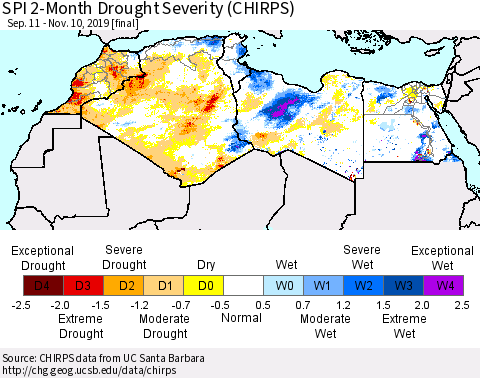 North Africa SPI 2-Month Drought Severity (CHIRPS) Thematic Map For 9/11/2019 - 11/10/2019