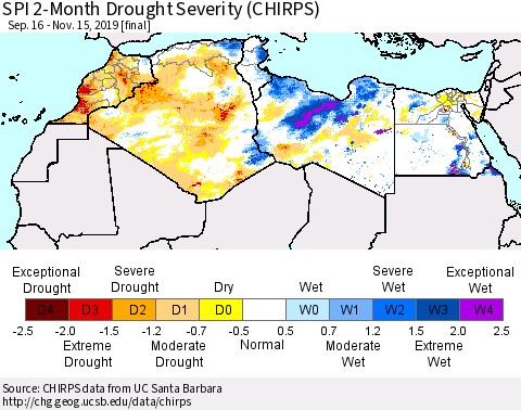 North Africa SPI 2-Month Drought Severity (CHIRPS) Thematic Map For 9/16/2019 - 11/15/2019