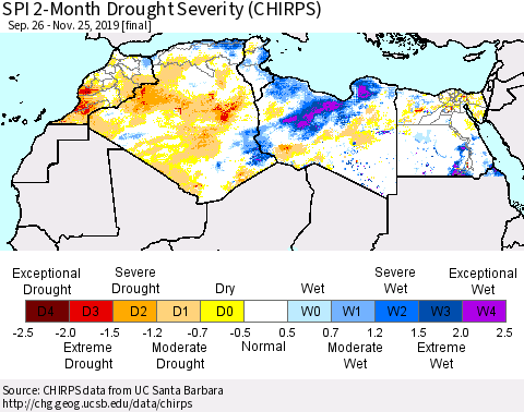 North Africa SPI 2-Month Drought Severity (CHIRPS) Thematic Map For 9/26/2019 - 11/25/2019