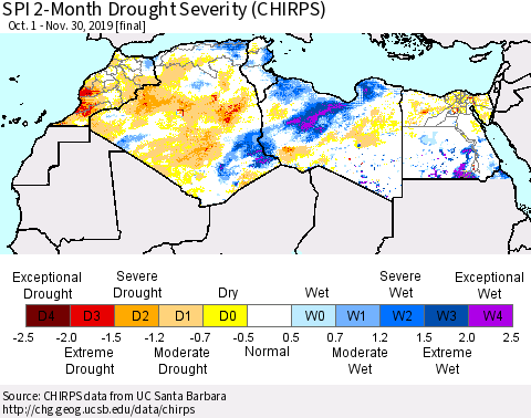 North Africa SPI 2-Month Drought Severity (CHIRPS) Thematic Map For 10/1/2019 - 11/30/2019