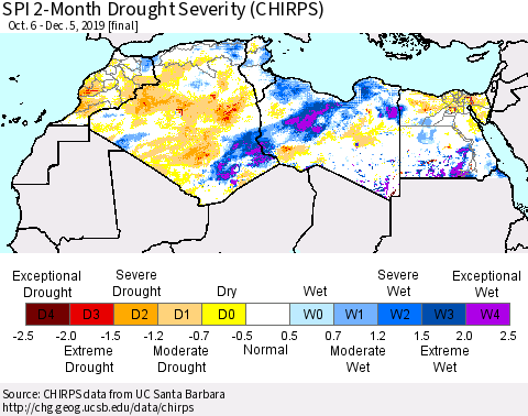 North Africa SPI 2-Month Drought Severity (CHIRPS) Thematic Map For 10/6/2019 - 12/5/2019
