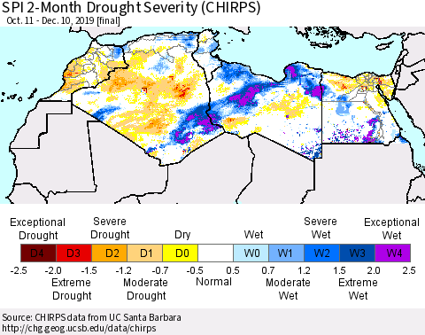 North Africa SPI 2-Month Drought Severity (CHIRPS) Thematic Map For 10/11/2019 - 12/10/2019