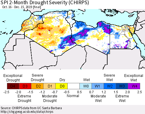 North Africa SPI 2-Month Drought Severity (CHIRPS) Thematic Map For 10/16/2019 - 12/15/2019