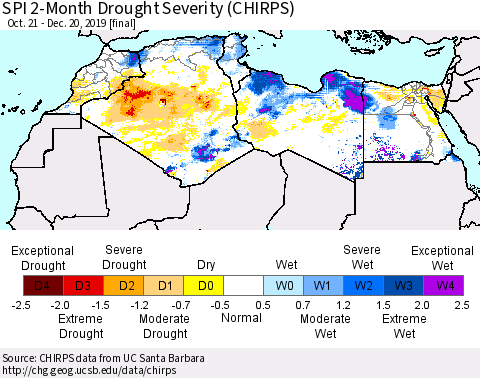 North Africa SPI 2-Month Drought Severity (CHIRPS) Thematic Map For 10/21/2019 - 12/20/2019