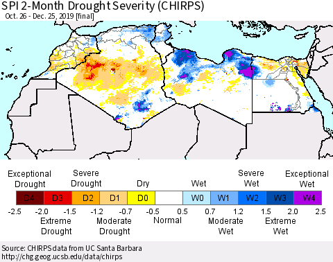 North Africa SPI 2-Month Drought Severity (CHIRPS) Thematic Map For 10/26/2019 - 12/25/2019