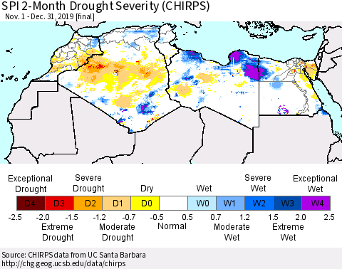 North Africa SPI 2-Month Drought Severity (CHIRPS) Thematic Map For 11/1/2019 - 12/31/2019