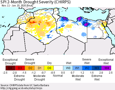North Africa SPI 2-Month Drought Severity (CHIRPS) Thematic Map For 11/11/2019 - 1/10/2020