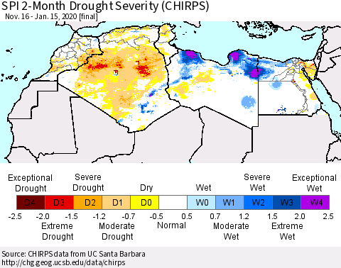 North Africa SPI 2-Month Drought Severity (CHIRPS) Thematic Map For 11/16/2019 - 1/15/2020