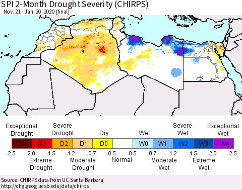 North Africa SPI 2-Month Drought Severity (CHIRPS) Thematic Map For 11/21/2019 - 1/20/2020