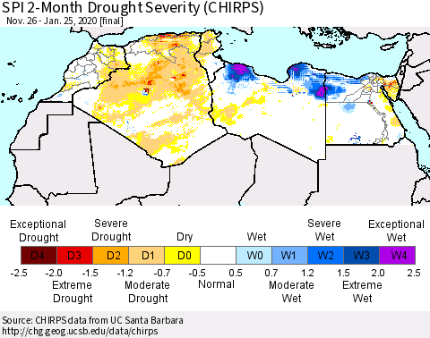 North Africa SPI 2-Month Drought Severity (CHIRPS) Thematic Map For 11/26/2019 - 1/25/2020