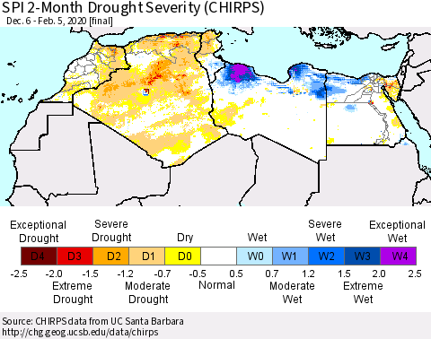 North Africa SPI 2-Month Drought Severity (CHIRPS) Thematic Map For 12/6/2019 - 2/5/2020