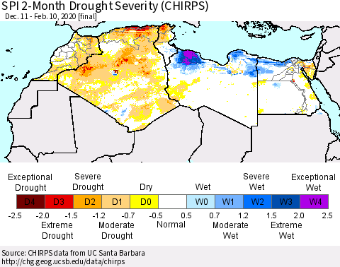 North Africa SPI 2-Month Drought Severity (CHIRPS) Thematic Map For 12/11/2019 - 2/10/2020