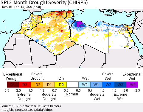 North Africa SPI 2-Month Drought Severity (CHIRPS) Thematic Map For 12/16/2019 - 2/15/2020