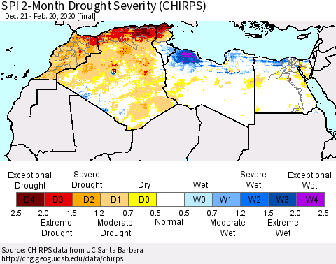 North Africa SPI 2-Month Drought Severity (CHIRPS) Thematic Map For 12/21/2019 - 2/20/2020