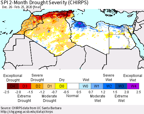 North Africa SPI 2-Month Drought Severity (CHIRPS) Thematic Map For 12/26/2019 - 2/25/2020