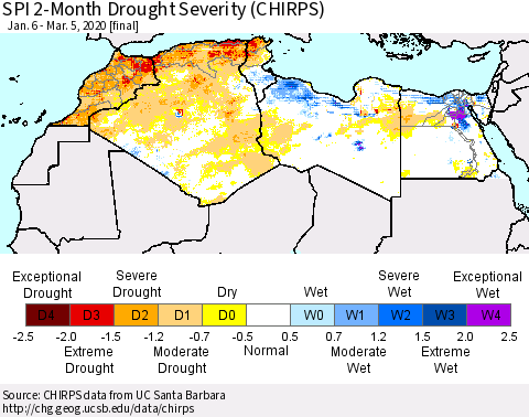 North Africa SPI 2-Month Drought Severity (CHIRPS) Thematic Map For 1/6/2020 - 3/5/2020