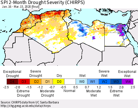 North Africa SPI 2-Month Drought Severity (CHIRPS) Thematic Map For 1/16/2020 - 3/15/2020