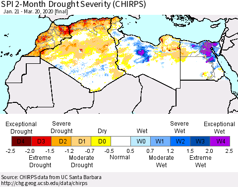 North Africa SPI 2-Month Drought Severity (CHIRPS) Thematic Map For 1/21/2020 - 3/20/2020
