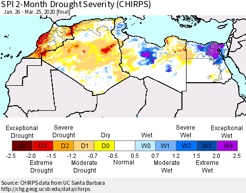 North Africa SPI 2-Month Drought Severity (CHIRPS) Thematic Map For 1/26/2020 - 3/25/2020