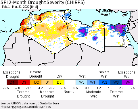 North Africa SPI 2-Month Drought Severity (CHIRPS) Thematic Map For 2/1/2020 - 3/31/2020