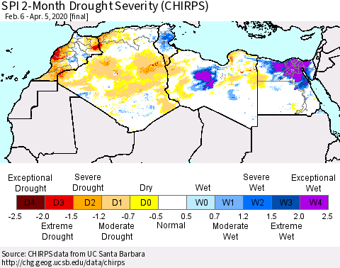 North Africa SPI 2-Month Drought Severity (CHIRPS) Thematic Map For 2/6/2020 - 4/5/2020