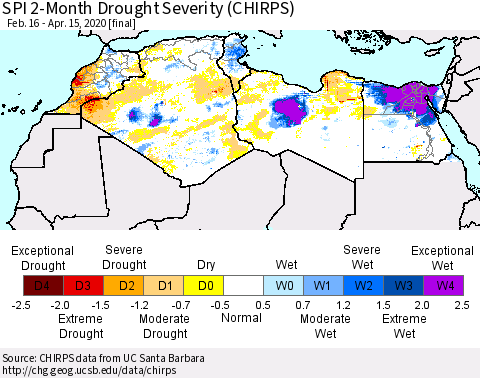 North Africa SPI 2-Month Drought Severity (CHIRPS) Thematic Map For 2/16/2020 - 4/15/2020