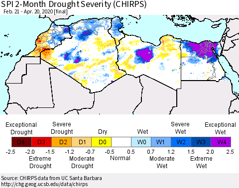 North Africa SPI 2-Month Drought Severity (CHIRPS) Thematic Map For 2/21/2020 - 4/20/2020