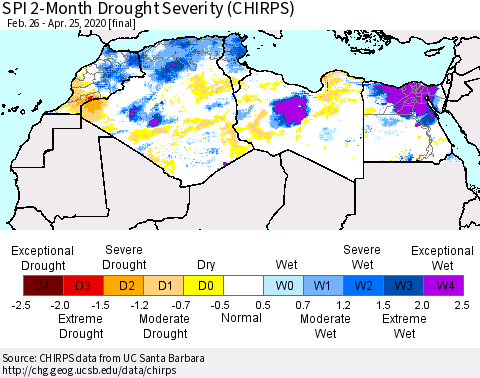 North Africa SPI 2-Month Drought Severity (CHIRPS) Thematic Map For 2/26/2020 - 4/25/2020
