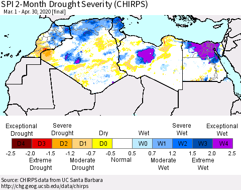 North Africa SPI 2-Month Drought Severity (CHIRPS) Thematic Map For 3/1/2020 - 4/30/2020
