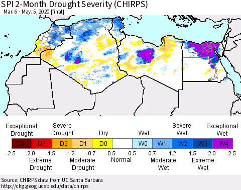 North Africa SPI 2-Month Drought Severity (CHIRPS) Thematic Map For 3/6/2020 - 5/5/2020