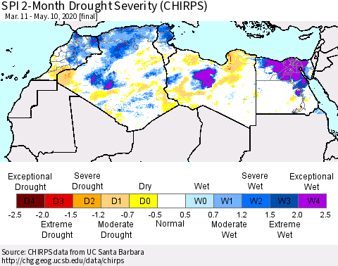 North Africa SPI 2-Month Drought Severity (CHIRPS) Thematic Map For 3/11/2020 - 5/10/2020