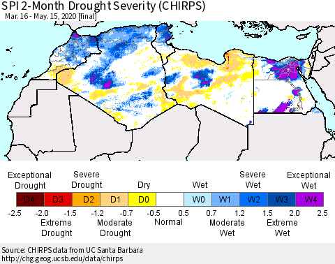 North Africa SPI 2-Month Drought Severity (CHIRPS) Thematic Map For 3/16/2020 - 5/15/2020