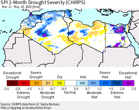 North Africa SPI 2-Month Drought Severity (CHIRPS) Thematic Map For 3/21/2020 - 5/20/2020