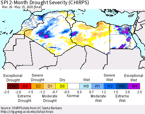 North Africa SPI 2-Month Drought Severity (CHIRPS) Thematic Map For 3/26/2020 - 5/25/2020