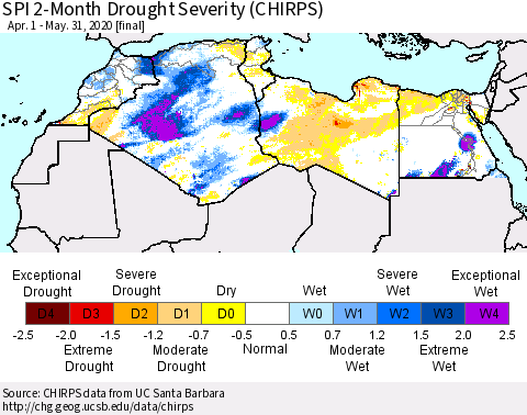 North Africa SPI 2-Month Drought Severity (CHIRPS) Thematic Map For 4/1/2020 - 5/31/2020