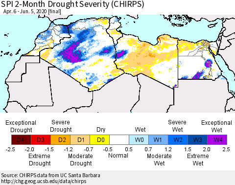 North Africa SPI 2-Month Drought Severity (CHIRPS) Thematic Map For 4/6/2020 - 6/5/2020