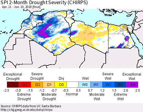 North Africa SPI 2-Month Drought Severity (CHIRPS) Thematic Map For 4/11/2020 - 6/10/2020