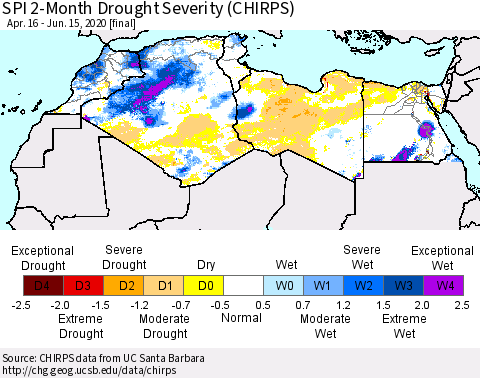 North Africa SPI 2-Month Drought Severity (CHIRPS) Thematic Map For 4/16/2020 - 6/15/2020