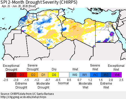 North Africa SPI 2-Month Drought Severity (CHIRPS) Thematic Map For 4/21/2020 - 6/20/2020