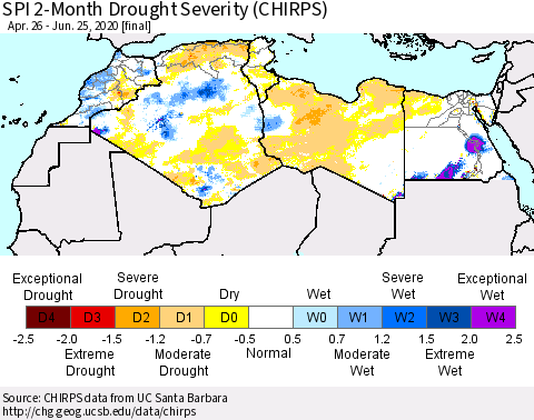 North Africa SPI 2-Month Drought Severity (CHIRPS) Thematic Map For 4/26/2020 - 6/25/2020