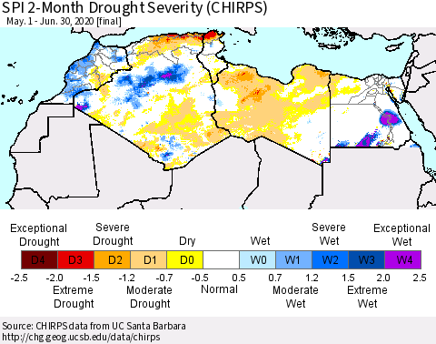 North Africa SPI 2-Month Drought Severity (CHIRPS) Thematic Map For 5/1/2020 - 6/30/2020