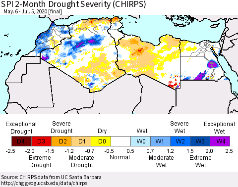 North Africa SPI 2-Month Drought Severity (CHIRPS) Thematic Map For 5/6/2020 - 7/5/2020