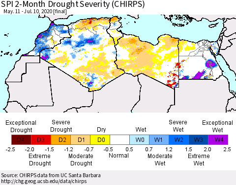 North Africa SPI 2-Month Drought Severity (CHIRPS) Thematic Map For 5/11/2020 - 7/10/2020