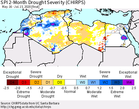 North Africa SPI 2-Month Drought Severity (CHIRPS) Thematic Map For 5/16/2020 - 7/15/2020