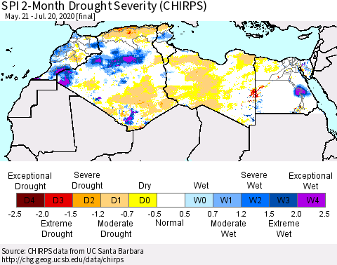North Africa SPI 2-Month Drought Severity (CHIRPS) Thematic Map For 5/21/2020 - 7/20/2020