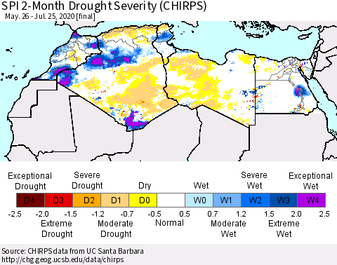 North Africa SPI 2-Month Drought Severity (CHIRPS) Thematic Map For 5/26/2020 - 7/25/2020