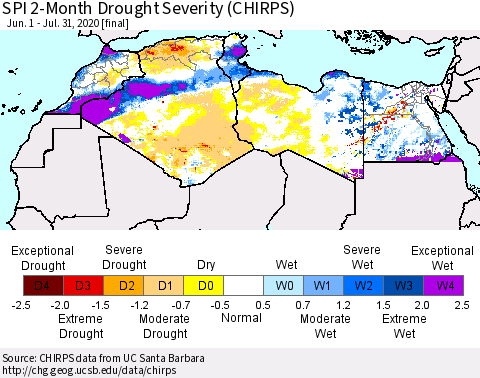 North Africa SPI 2-Month Drought Severity (CHIRPS) Thematic Map For 6/1/2020 - 7/31/2020